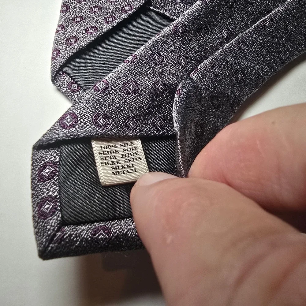 Burberry London Mens Silk Tie Purple Grey Geometric Medallion Made in England